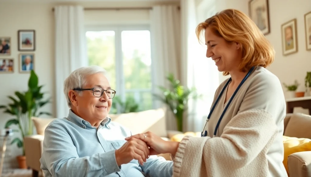 Engaging scene of austin senior home care, where a caregiver interacts with a smiling senior in a cozy home environment.