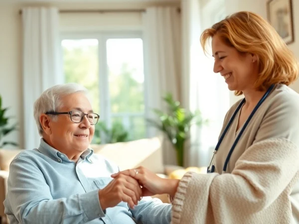Engaging scene of austin senior home care, where a caregiver interacts with a smiling senior in a cozy home environment.