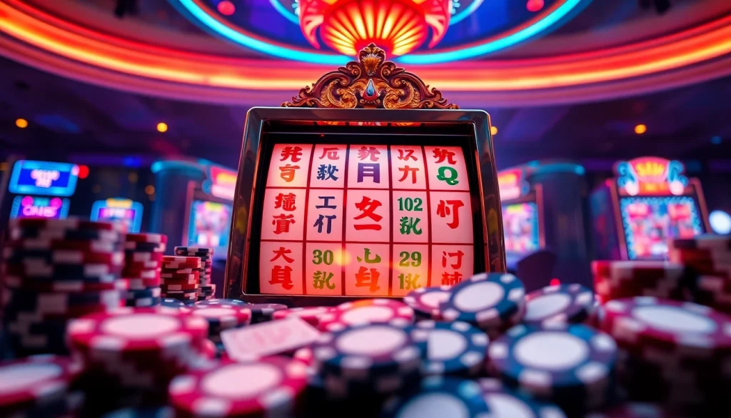 Rasakan sensasi slot demo Mahjong dalam suasana kasino yang meriah dengan warna-warna cerah dan permainan yang menarik.