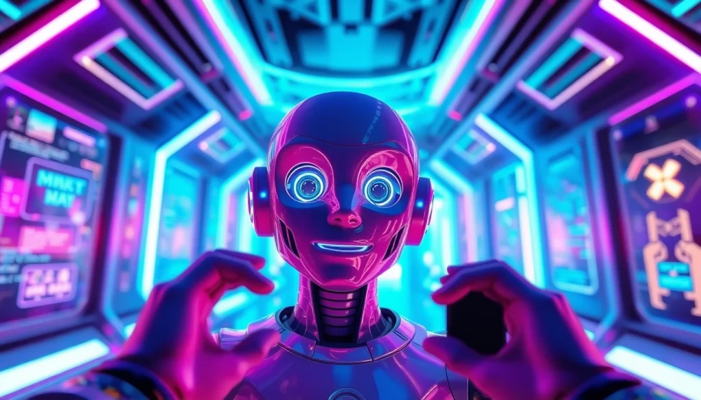 Engaging with NSFW AI chat in a modern, high-tech environment with vibrant digital interfaces.