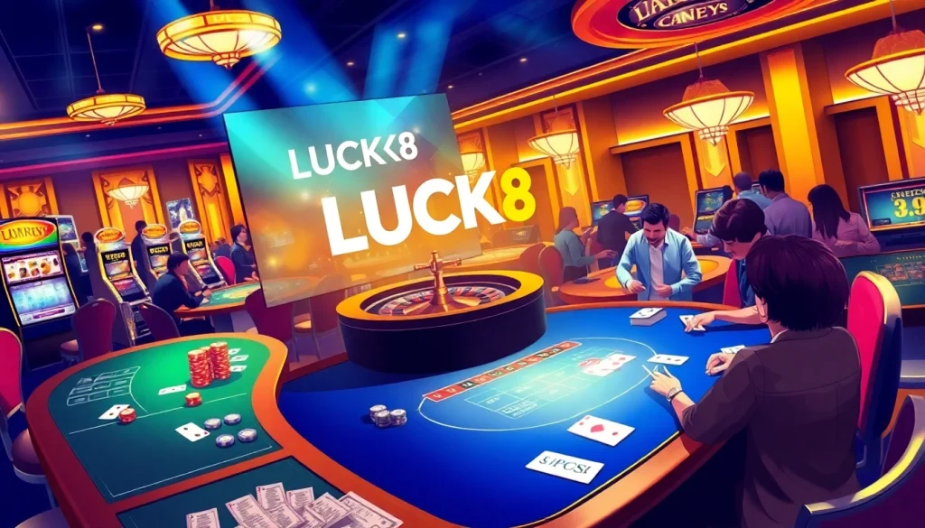 Trải nghiệm cảm giác hồi hộp khi chơi tại LUCK8 với bàn casino sang trọng, bài bạc và máy slot đầy sắc màu.