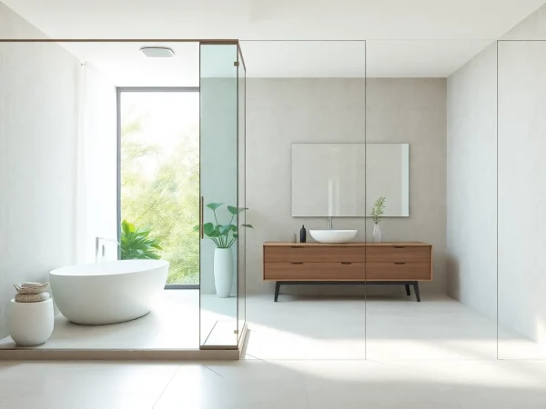 Admire the elegance of sunney shower doors in a beautifully designed modern bathroom.