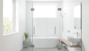 Elegant glass shower enclosure enhances modern bathroom aesthetics with smooth lines.