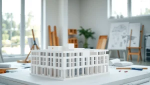 Architekturmodellbau Mainz: Detailliertes Architekturmodell in einem hellen Studio.