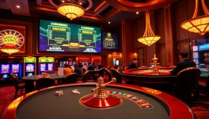 Engaging scene depicting online gambling atmosphere with kết quả bóng đá hôm nay prominently shown on digital screens, showcasing casino excitement.
