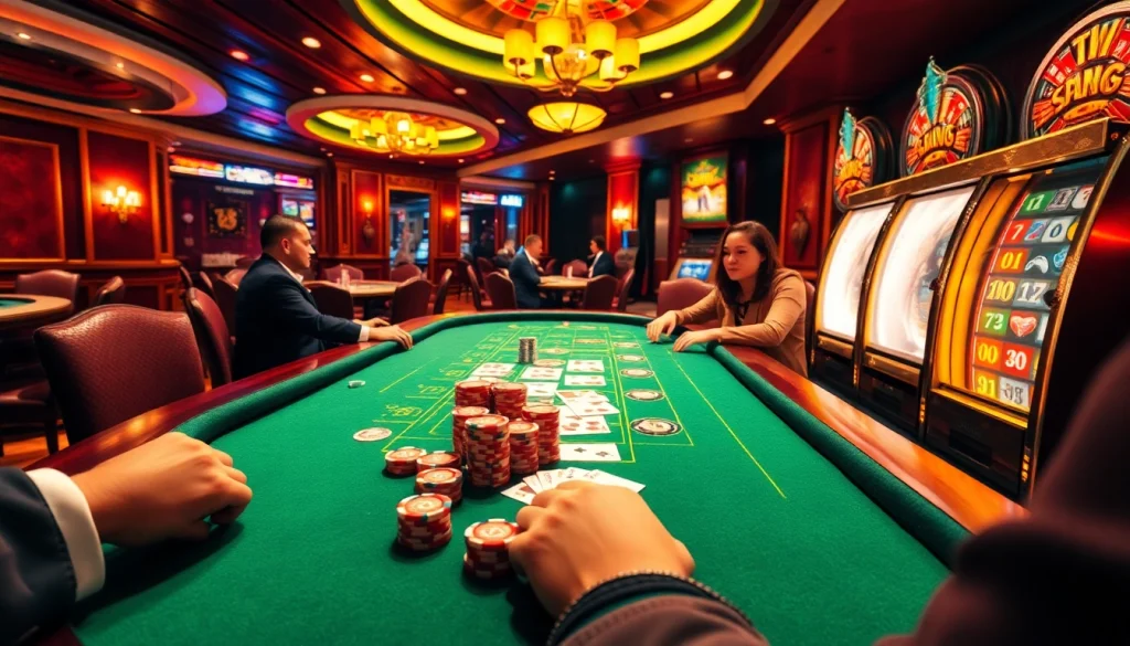 febet players enjoying a thrilling poker game surrounded by vibrant casino tables and winning slot machines.