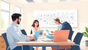 Engaging proposal writing and management team discussing ideas in a collaborative office.