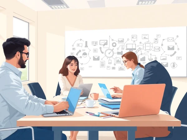 Engaging proposal writing and management team discussing ideas in a collaborative office.