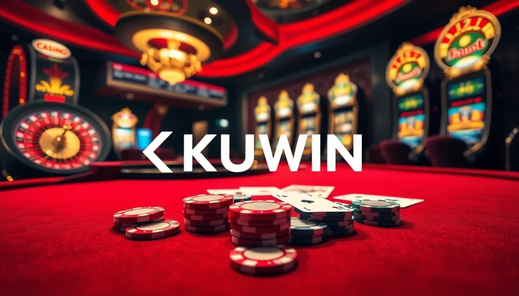 Kuwin casino scene with poker chips, cards, and a roulette wheel in a vibrant setting.