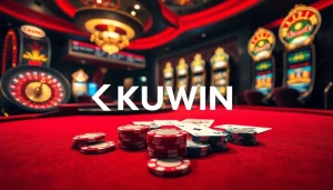Kuwin casino scene with poker chips, cards, and a roulette wheel in a vibrant setting.