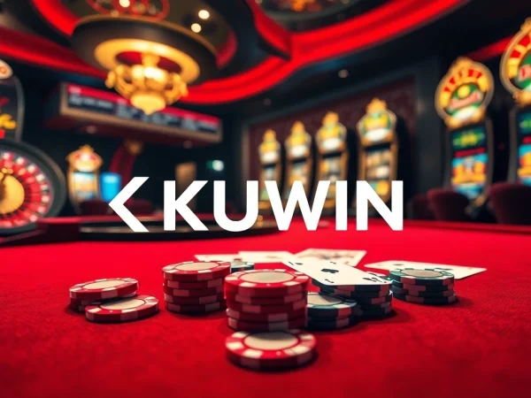 Kuwin casino scene with poker chips, cards, and a roulette wheel in a vibrant setting.