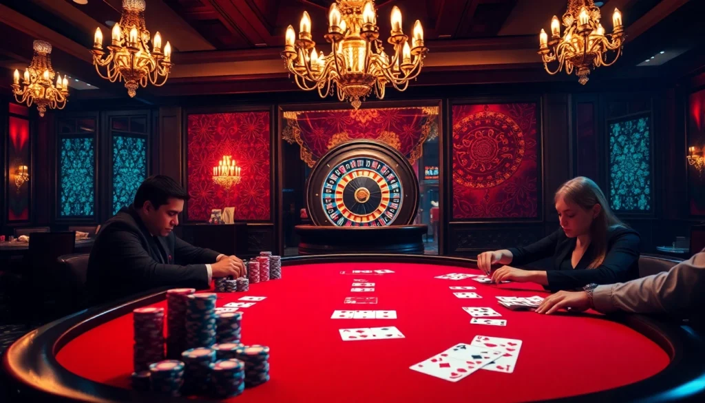 Engaging poker action at a luxurious casino table highlighting BDTK666's strategic betting elements.
