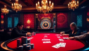 Engaging poker action at a luxurious casino table highlighting BDTK666's strategic betting elements.