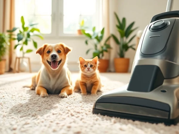 Enhance pet odor carpet cleaning with a steam cleaner in a bright living room setting.