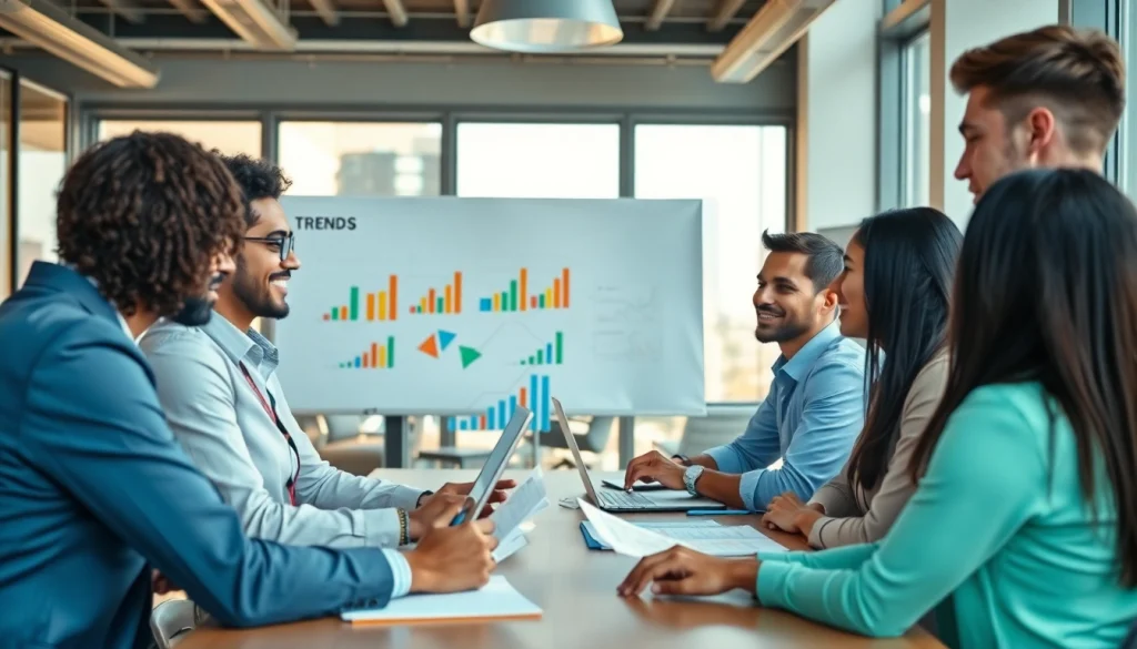 Collaborative discussion on growth strategy trends in a modern office setting.