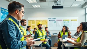 Engaged participants in OSHA training carolinas actively learning in a bright classroom environment.