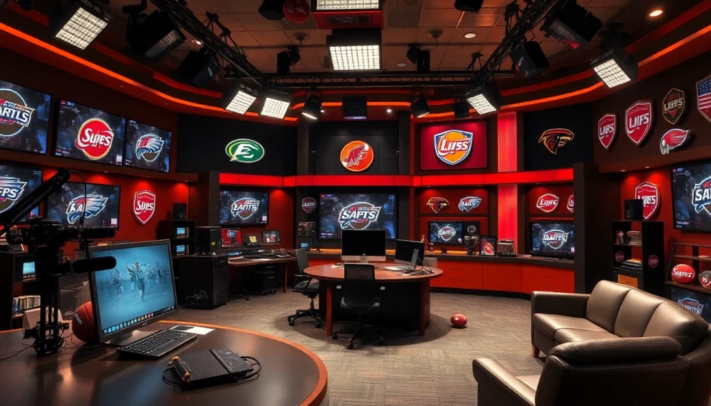 Engaging scene of sports broadcasting setup with dynamic elements and bright surroundings.