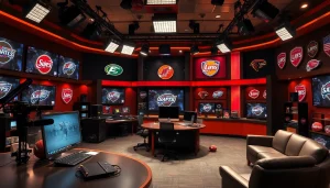 Engaging scene of sports broadcasting setup with dynamic elements and bright surroundings.