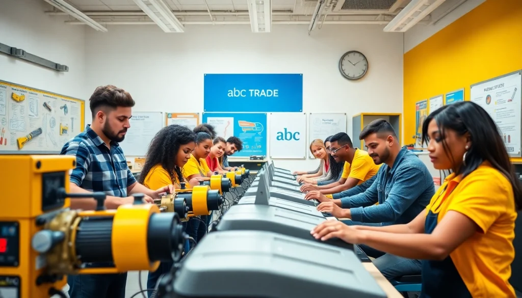 Students practicing skills at an abc trade school, showcasing enthusiasm and engagement in a modern classroom.