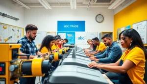 Students practicing skills at an abc trade school, showcasing enthusiasm and engagement in a modern classroom.