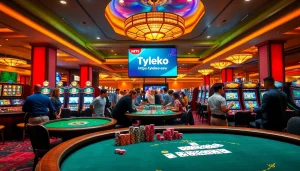 Experience the excitement of betting at https://tylekeo.asia/ with a vibrant casino floor scene.