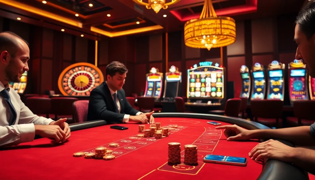 Experience high stakes gaming action at rikvip.gb.net with players at an upscale blackjack table.