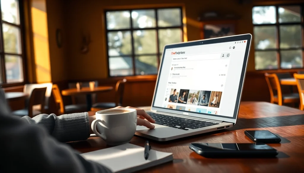 Searching OnlyFans without username on a laptop in a cozy coffee shop.