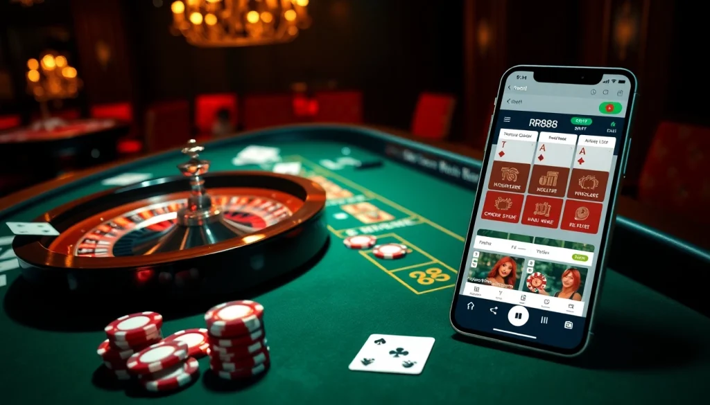 Experience the excitement of a vibrant gambling scene featuring poker chips and cards on trang chủ rr88.