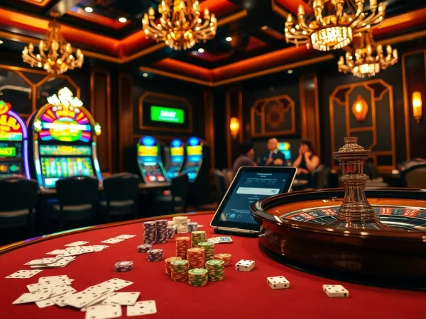 Experience sbobet login excitement at a vibrant casino table surrounded by cards and chips.