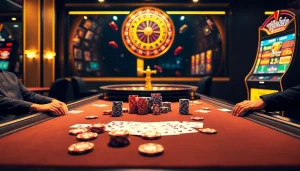 A captivating casino scene at https://tylekeo.asia/ showcasing poker players, dazzling chips, and a roulette wheel.