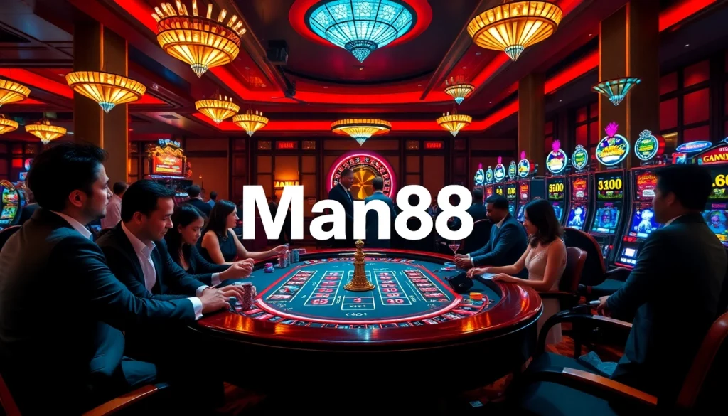 Experience the thrill of gaming at Man88 with vibrant poker tables and exciting slot machines.