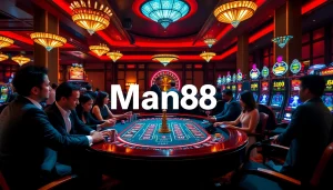 Experience the thrill of gaming at Man88 with vibrant poker tables and exciting slot machines.