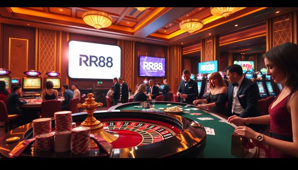 Engaging scene at RR88 casino with roulette table, poker chips, and slot machines.