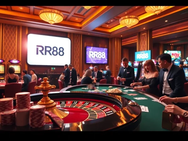 Engaging scene at RR88 casino with roulette table, poker chips, and slot machines.