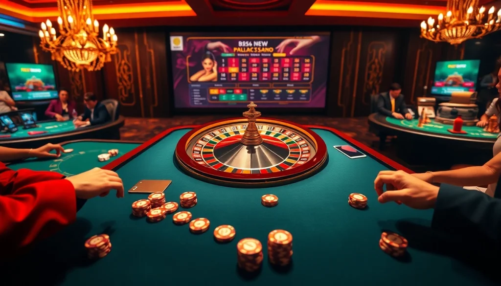 Exciting gambling action at https://rr88co.net/ with poker chips and a roulette wheel in a luxurious casino setting.