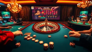 Exciting gambling action at https://rr88co.net/ with poker chips and a roulette wheel in a luxurious casino setting.