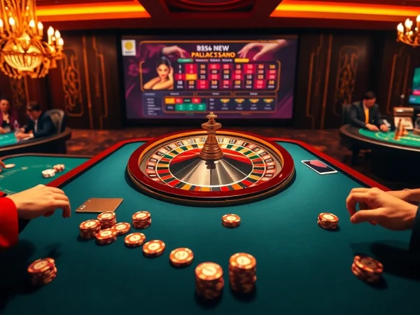 Exciting gambling action at https://rr88co.net/ with poker chips and a roulette wheel in a luxurious casino setting.