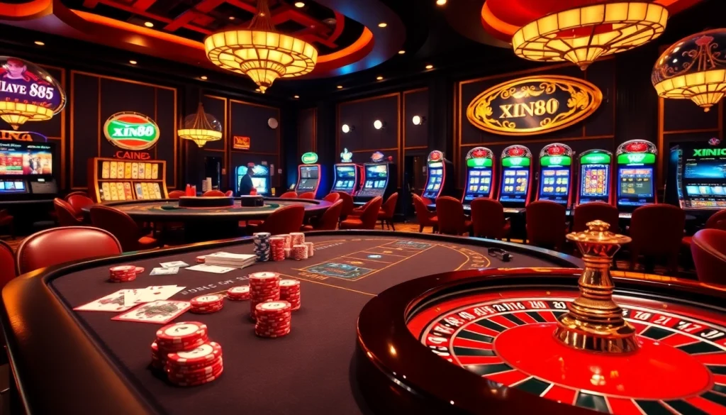Players experiencing excitement at a luxurious xin88 casino table with poker chips and cards.
