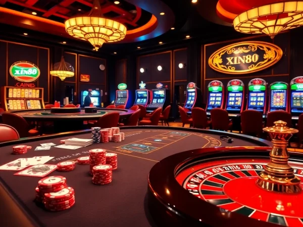 Players experiencing excitement at a luxurious xin88 casino table with poker chips and cards.