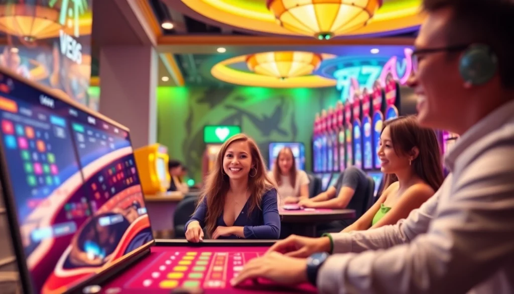 Online gambling scene at vin777.gb.net showcasing an exciting casino environment with players enjoying diverse games.