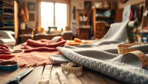Een prachtig voorbeeld van bouclé stof, weergegeven met verschillende texturen en kleuren op een houten tafel.