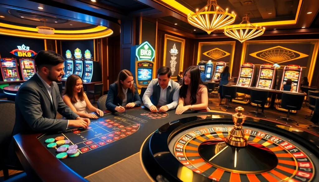 Engage with thrilling BK8 casino games featuring luxurious tables and diverse players immersed in excitement.