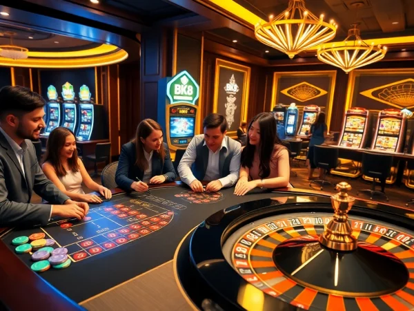 Engage with thrilling BK8 casino games featuring luxurious tables and diverse players immersed in excitement.