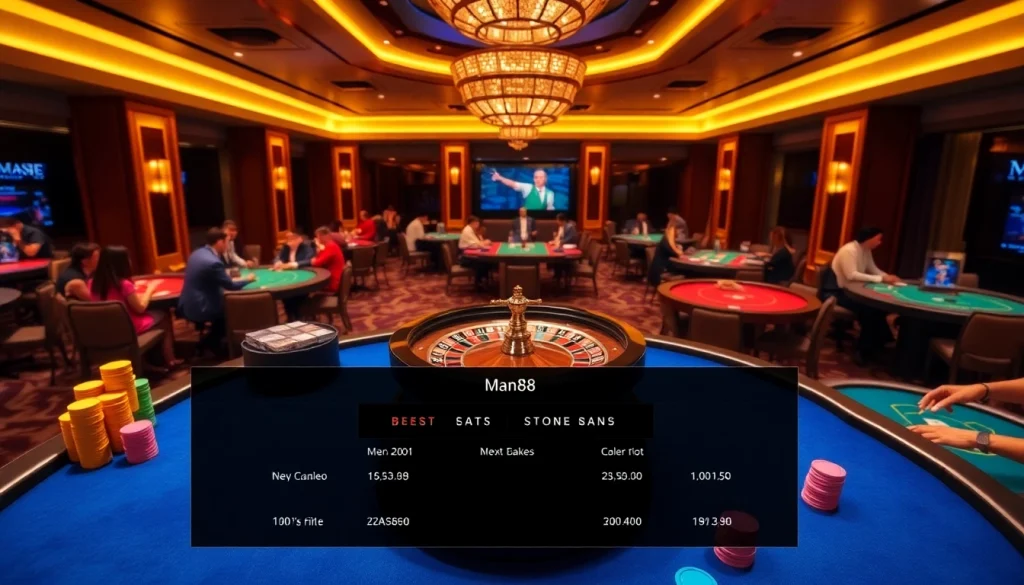 Man88 casino scene showing poker tables and roulette wheel in a luxurious setting.