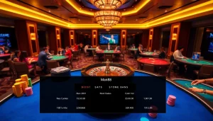 Man88 casino scene showing poker tables and roulette wheel in a luxurious setting.