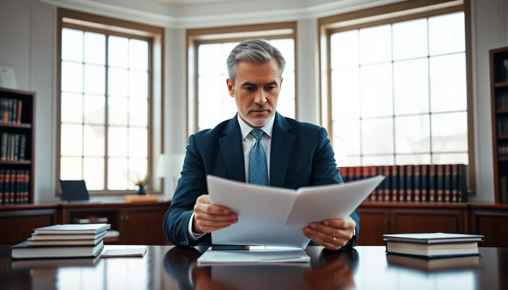 Real estate lawyer analyzing documents in a professional office environment.
