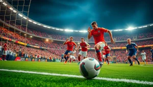 Soccer players in action with vibrant stadium lights, highlighting a shot on goal and emphasizing ผลบอลสด thscore.