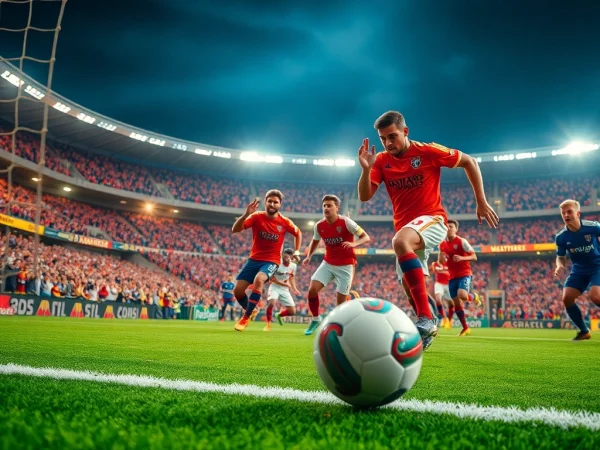 Soccer players in action with vibrant stadium lights, highlighting a shot on goal and emphasizing ผลบอลสด thscore.