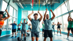 Men and women using resistance bands for pull-ups in a bright gym, showcasing teamwork and strength.
