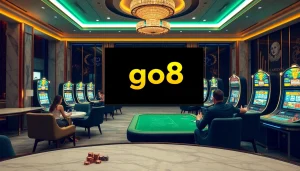 go8 đăng nhập - Engaging players at a luxurious online casino with poker chips and vibrant slot machines.
